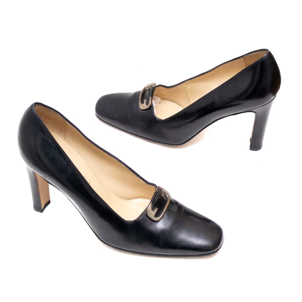 Gucci Black Leather High Heel Pumps with Horsebit Detail Black Enamel Size US6